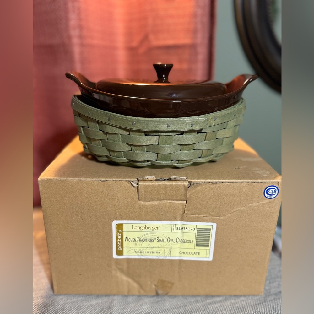 Longaberger Chocolate  Small Oval Casserole with Olive Green Basket